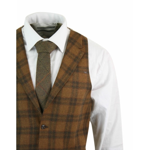 Mens Waistcoat Wool Tan Brown Check Tweed Classic Vintage Tailored Fit