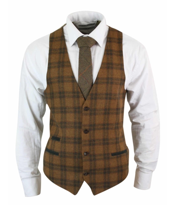 Mens Waistcoat Wool Tan Brown Check Tweed Classic Vintage Tailored Fit