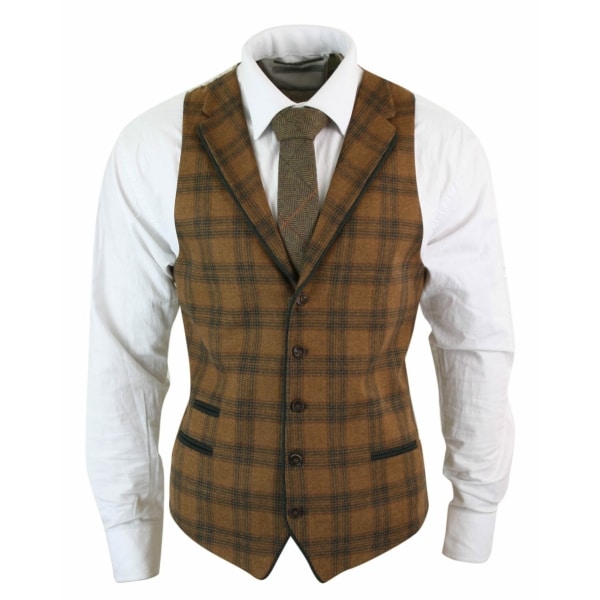 Mens Waistcoat Wool Tan Brown Check Tweed Classic Vintage Tailored Fit