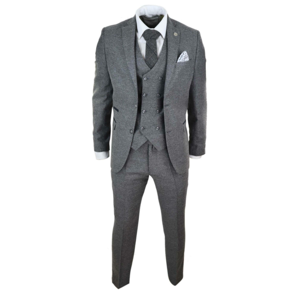Mens 3 Piece Grey Suit with Double Breasted Waistcoat