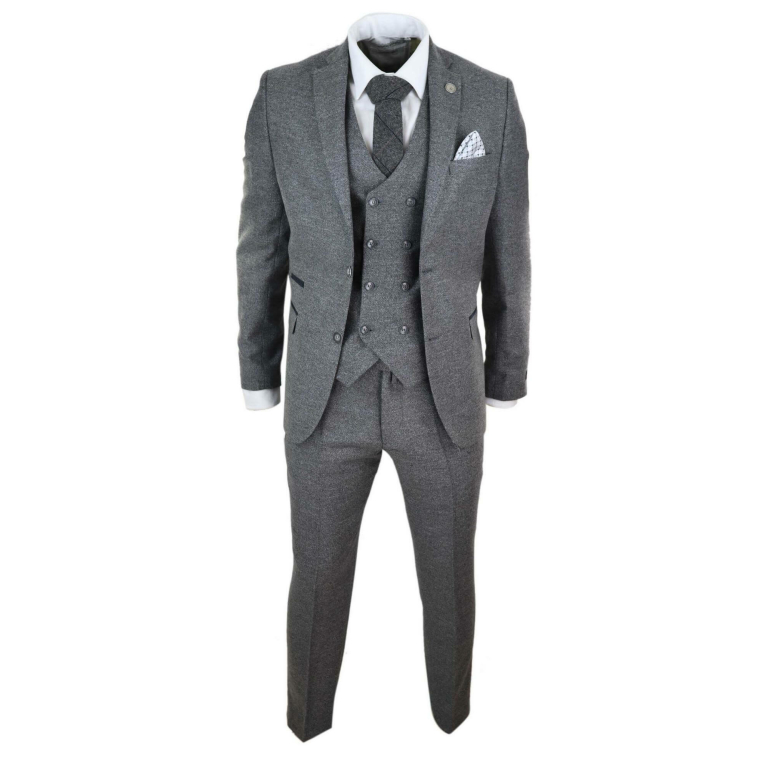 Mens 3 Piece Grey Suit with Double Breasted Waistcoat: Buy Online ...