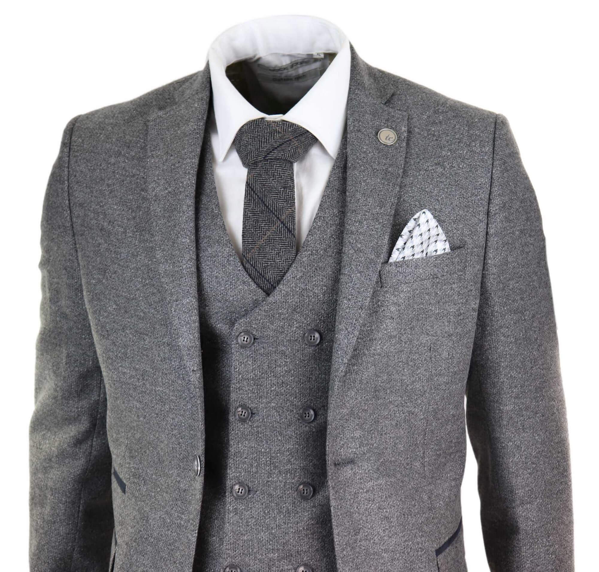 Mens 3 Piece Grey Suit with Double Breasted Waistcoat: Buy Online ...