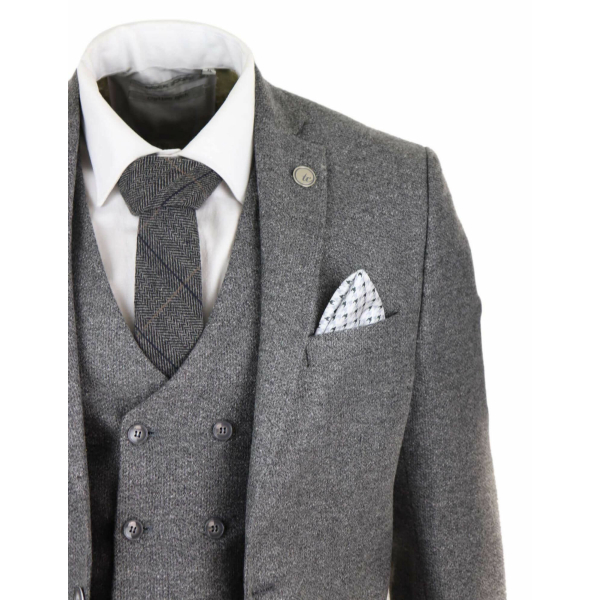 Mens 3 Piece Grey Suit with Double Breasted Waistcoat