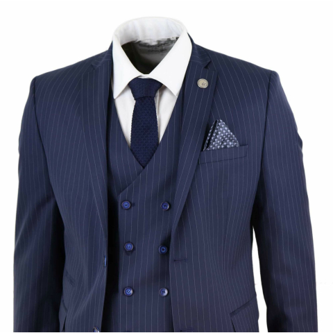 Mens 3 Piece Pinstripe Navy-Blue Suit: Buy Online - Happy Gentleman