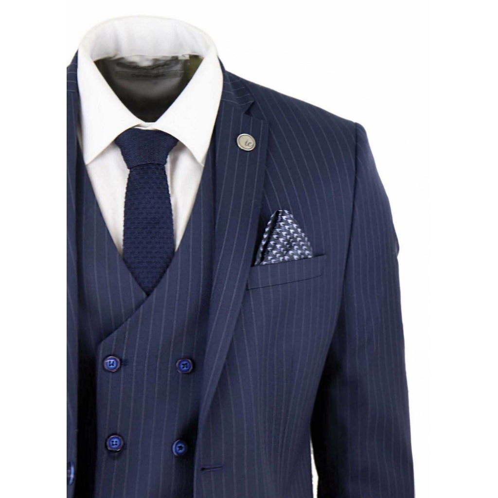 Mens 3 Piece Pinstripe Navy-Blue Suit: Buy Online - Happy Gentleman