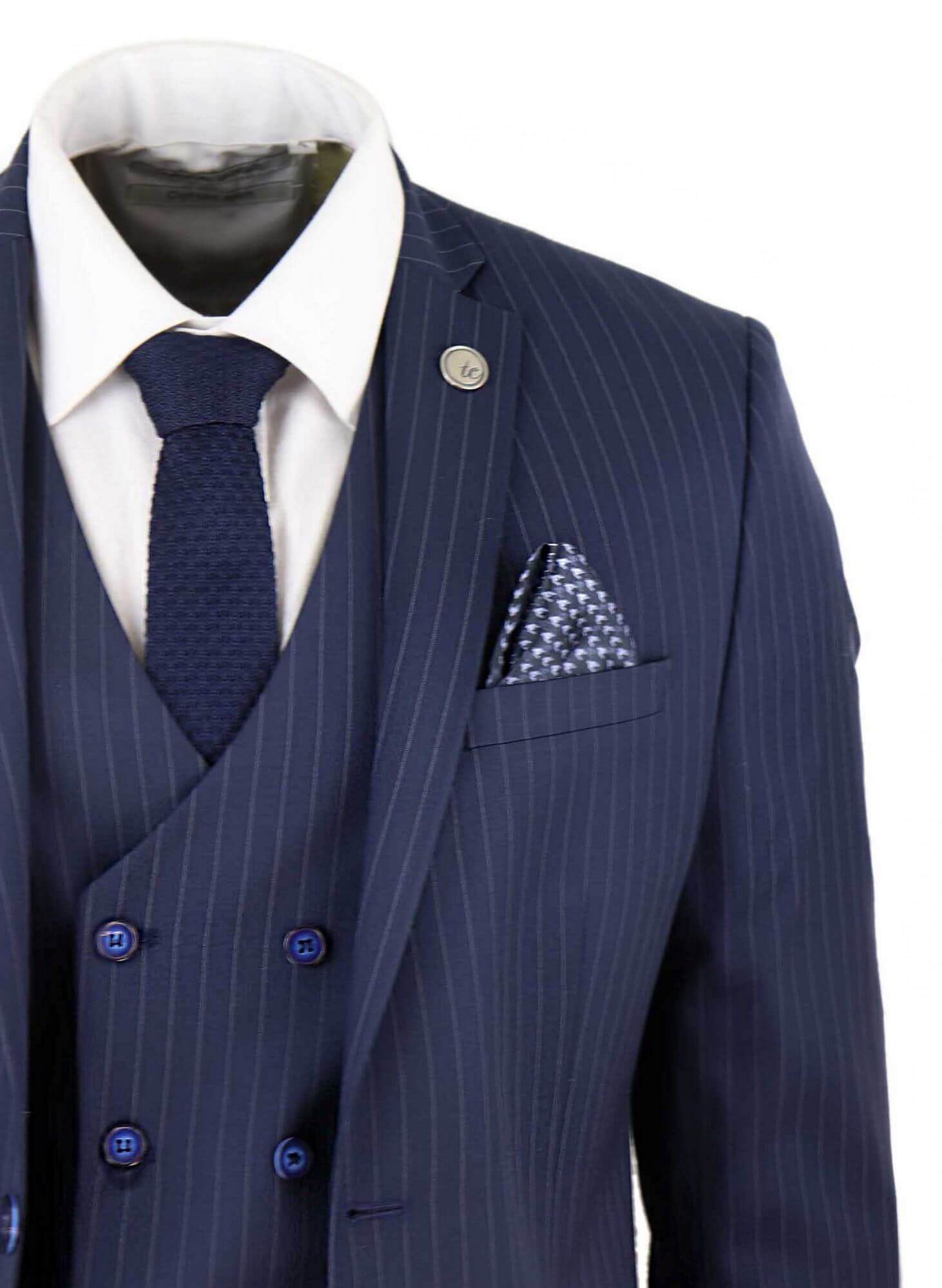 Navy Blue Striped Suit for Men Doublebreasted Blazer Six Button Style  Tailored | eBay