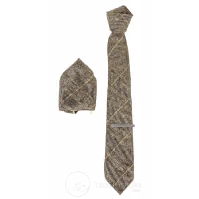 Tan-Brown Check Tweed Krawatte mit Hankie und Krawattenklammer - Tan Brown