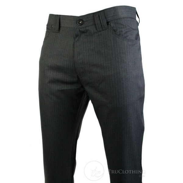 Mens Pin Stripe Straight Cut Trousers Smart Casual Grey Short Reg Long Office Work
