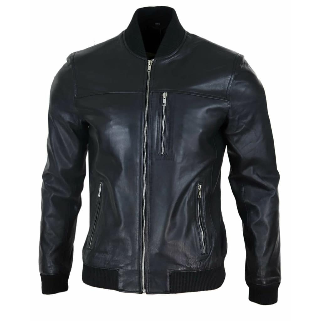 Mens Black Leather Bomber Jacket: Buy Online - Happy Gentleman