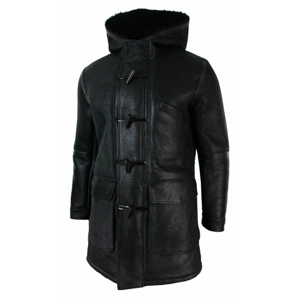 Mens Real Shearling Sheepskin 3/4 Hood Duffle Jacket Black Fur Warm Winter