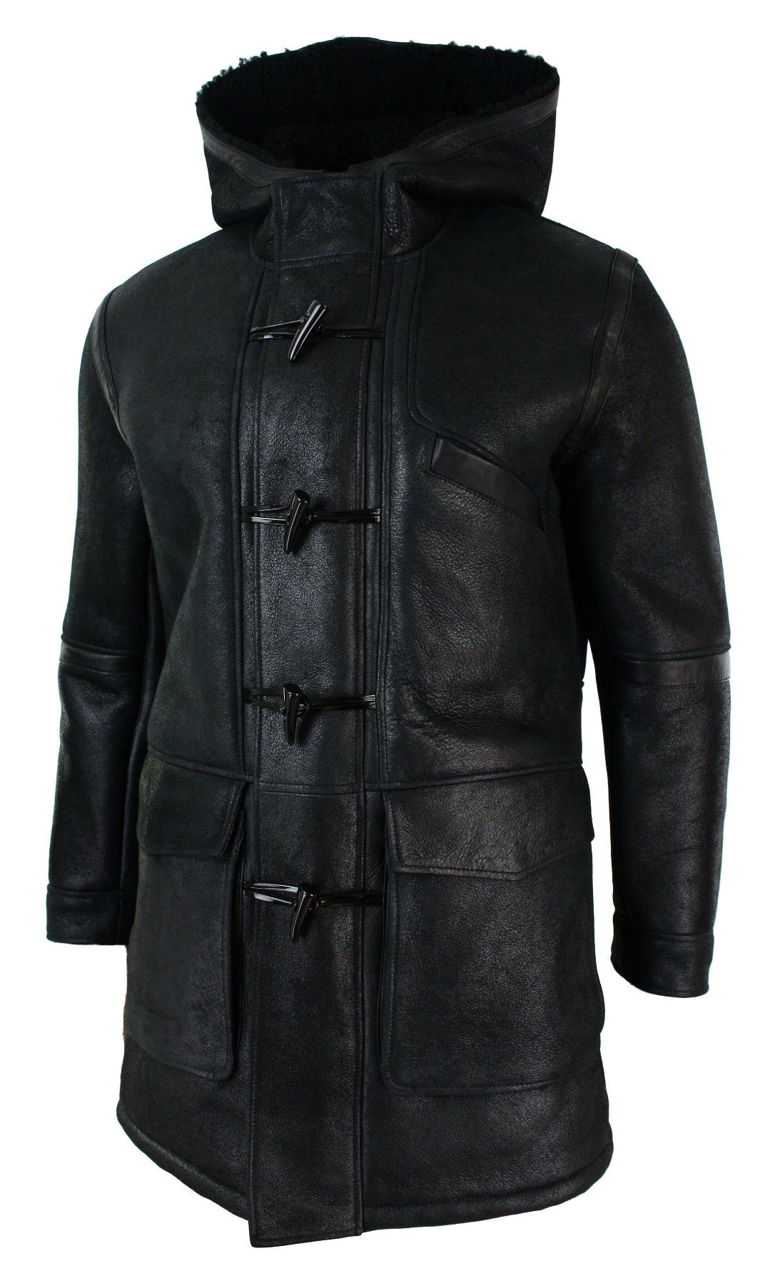 Mens Real Shearling Sheepskin 3/4 Hood Duffle Jacket Black Fur Warm Winter: Buy Online - Happy 