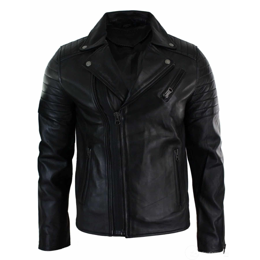 Real Leather Slim Fit Cross Zip Retro Vintage Brando Mens Jacket Vintage Biker Black Buy Online 