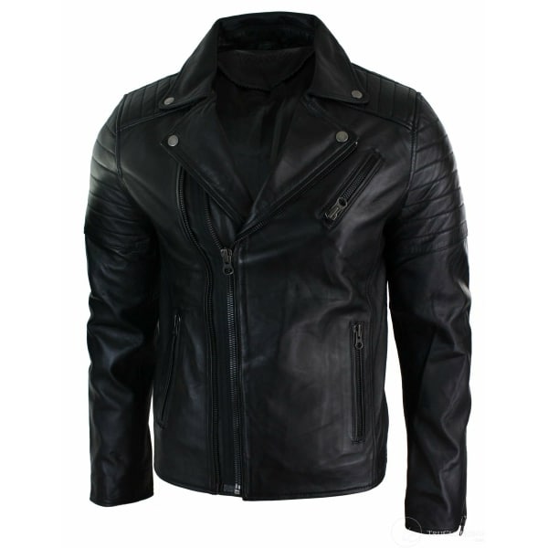 Real Leather Slim Fit Cross Zip Retro Vintage Brando Mens Jacket Vintage Biker-Black