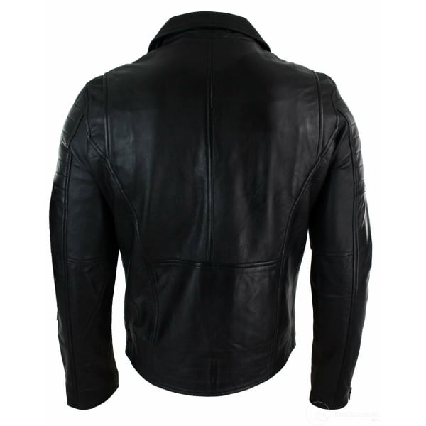 Real Leather Slim Fit Cross Zip Retro Vintage Brando Mens Jacket Vintage Biker-Black