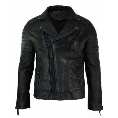 Real Leather Slim Fit Mens Cross Zip Retro Vintage Brando Jacket Vintage Biker-Ruboff Black