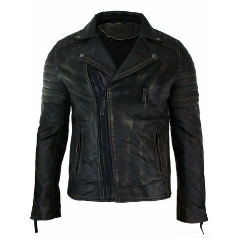 Real Leather Slim Fit Mens Cross Zip Retro Vintage Brando Jacket ...