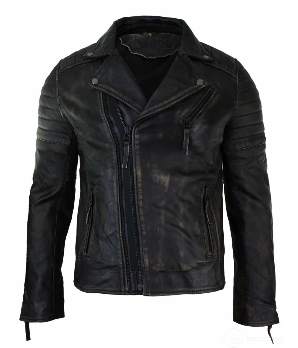 Real Leather Slim Fit Mens Cross Zip Retro Vintage Brando Jacket Vintage Biker Ruboff Black