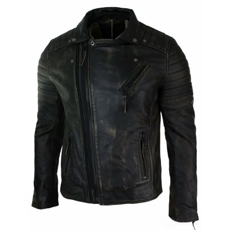 Real Leather Slim Fit Mens Cross Zip Retro Vintage Brando Jacket ...