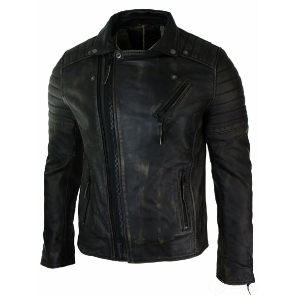 Real Leather Slim Fit Mens Cross Zip Retro Vintage Brando Jacket Vintage Biker-Ruboff Black