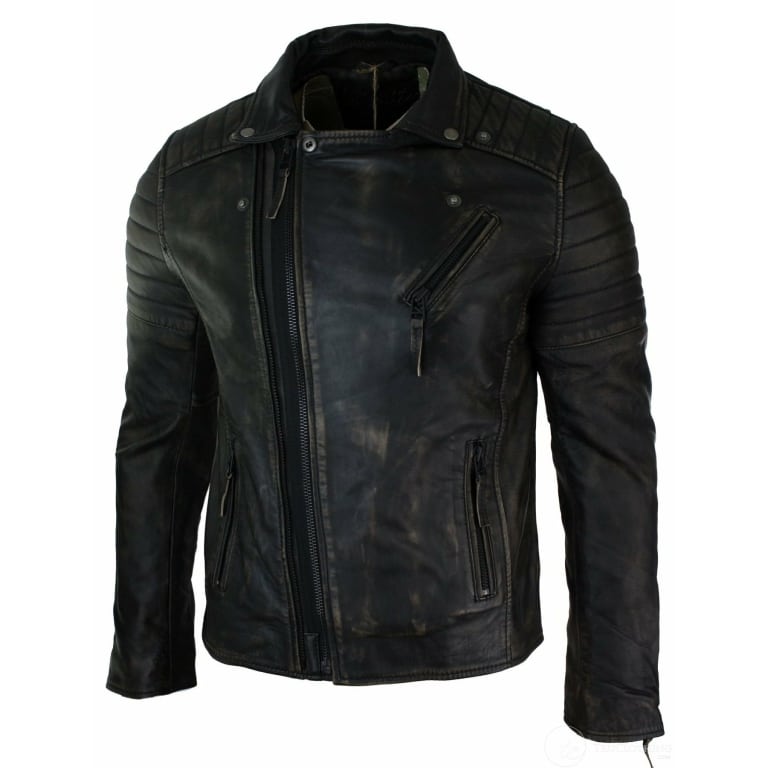 Real Leather Slim Fit Mens Cross Zip Retro Vintage Brando Jacket ...
