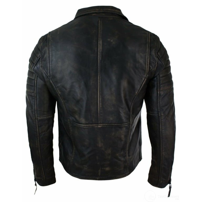 Real Leather Slim Fit Mens Cross Zip Retro Vintage Brando Jacket ...