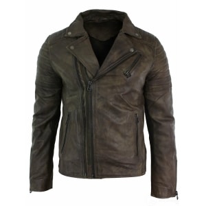 Real Leather Slim Fit Cross Zip Retro Vintage Brando Mens Jacket Vintage Biker-Brown