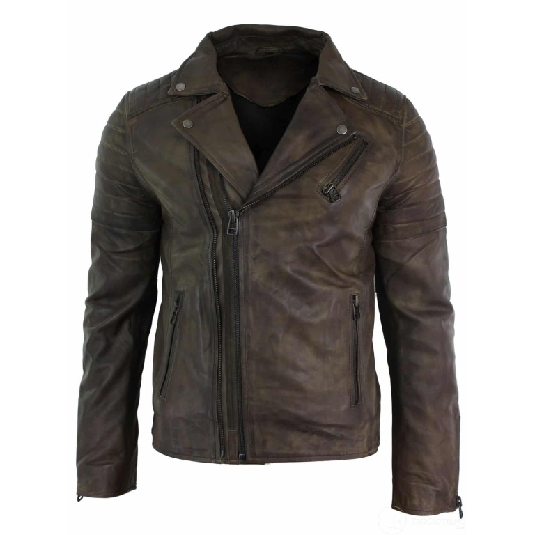 Real Leather Slim Fit Cross Zip Retro Vintage Brando Mens Jacket ...