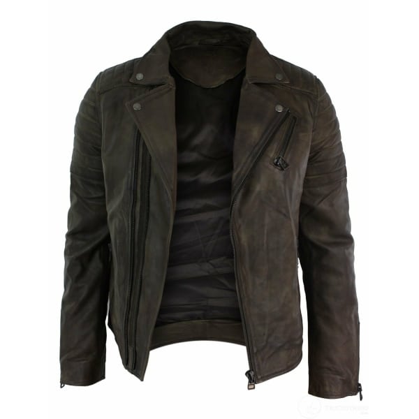 Real Leather Slim Fit Cross Zip Retro Vintage Brando Mens Jacket Vintage Biker-Brown