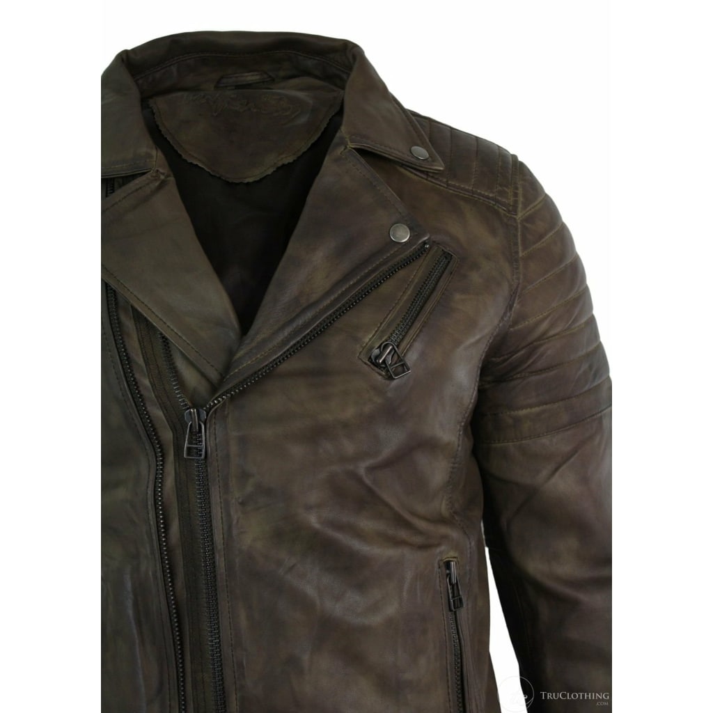 Real Leather Slim Fit Cross Zip Retro Vintage Brando Mens Jacket ...