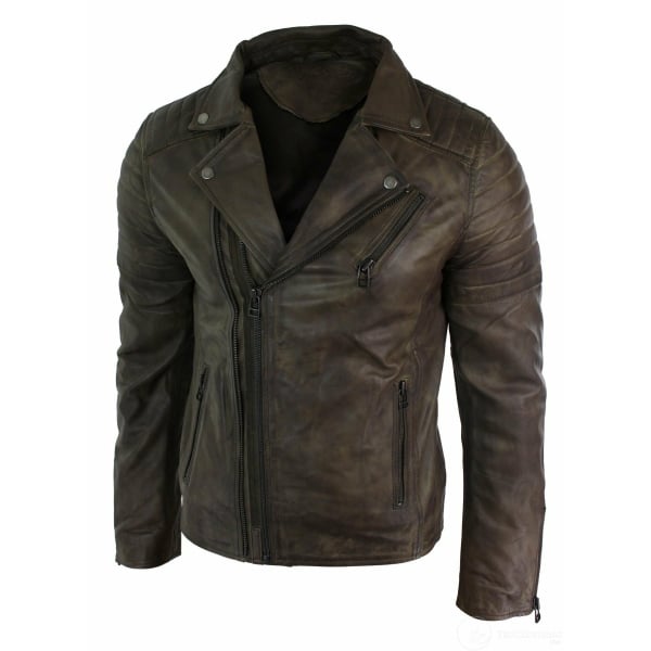 Real Leather Slim Fit Cross Zip Retro Vintage Brando Mens Jacket ...