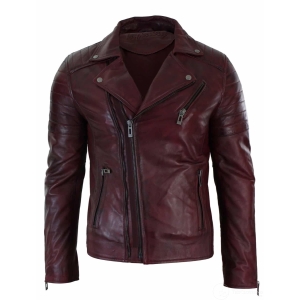 Real Leather Slim Fit Cross Zip Retro Vintage Brando Mens Jacket Vintage Biker-Burgundy