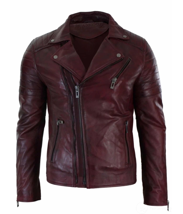 Real Leather Slim Fit Cross Zip Retro Vintage Brando Mens Jacket Vintage Biker-Burgundy