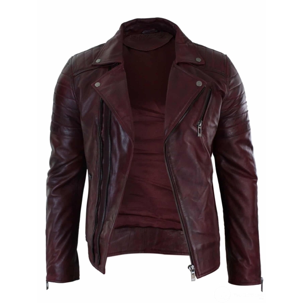 Real Leather Slim Fit Cross Zip Retro Vintage Brando Mens Jacket Vintage Biker-Burgundy