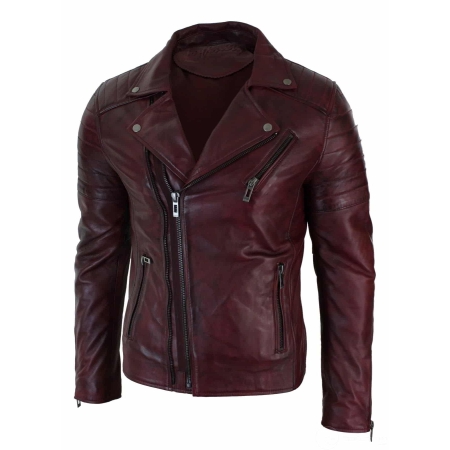 Real Leather Slim Fit Cross Zip Retro Vintage Brando Mens Jacket ...