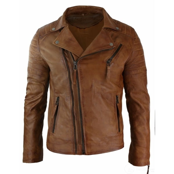 Real Leather Slim Fit Cross Zip Mens Retro Vintage Brando Jacket Vintage Biker-Tan