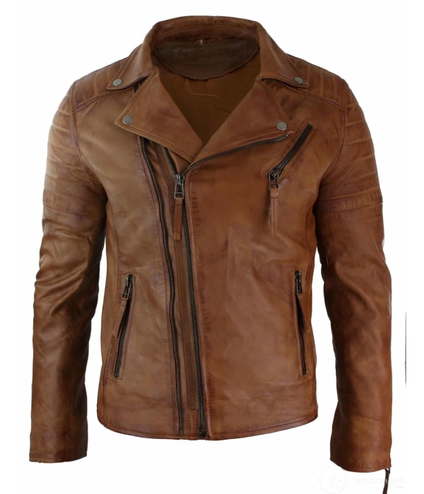 Real Leather Slim Fit Cross Zip Mens Retro Vintage Brando Jacket Vintage Biker-Tan