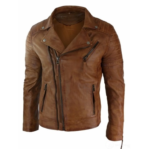 Real Leather Slim Fit Cross Zip Mens Retro Vintage Brando Jacket ...