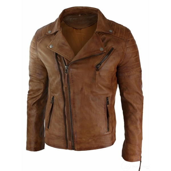 Real Leather Slim Fit Cross Zip Mens Retro Vintage Brando Jacket Vintage Biker-Tan