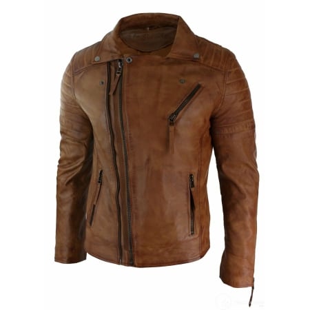 Real Leather Slim Fit Cross Zip Mens Retro Vintage Brando Jacket ...