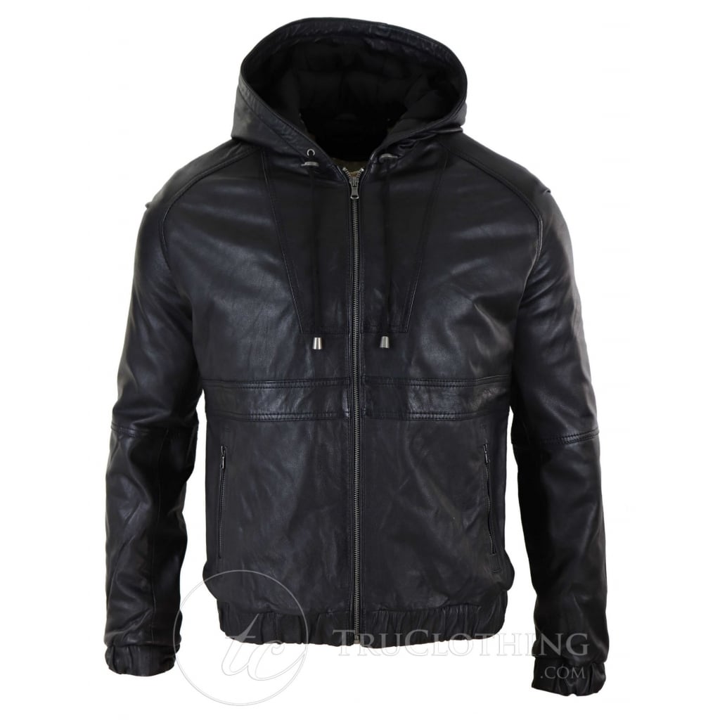 Mens Real Leather Bomber Hood Jacket - Black: Buy Online - Happy ...