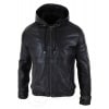 Mens Real Leather Bomber Hood Jacket - Black