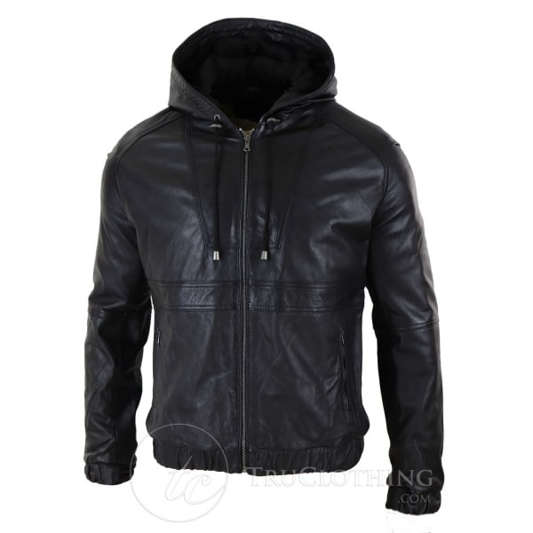 Mens Real Leather Bomber Hood Jacket - Black