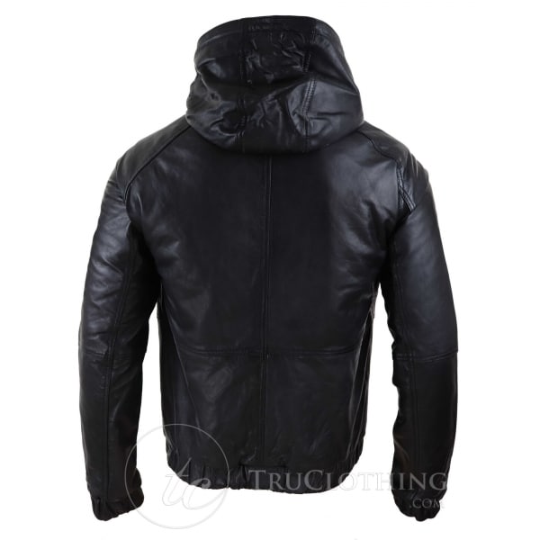 Mens Real Leather Bomber Hood Jacket - Black: Buy Online - Happy Gentleman
