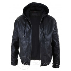 Mens Real Leather Bomber Hood Jacket – Black