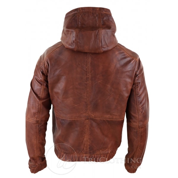 Mens Real Leather Bomber Hood Jacket - Tan