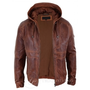 Mens Real Leather Bomber Hood Jacket – Tan