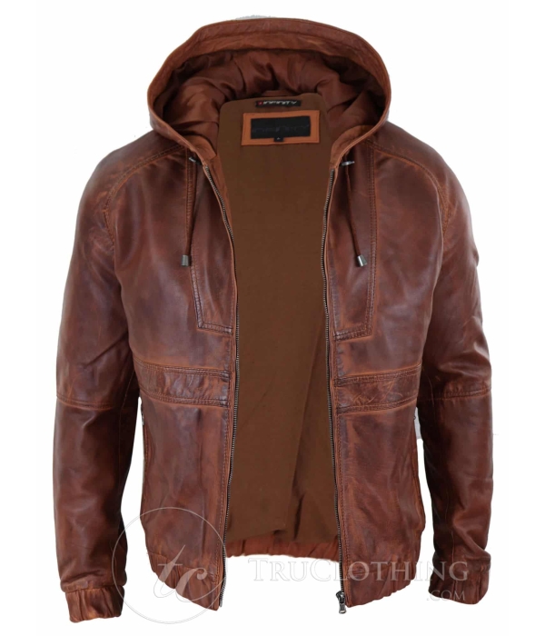 Mens Real Leather Bomber Hood Jacket - Tan