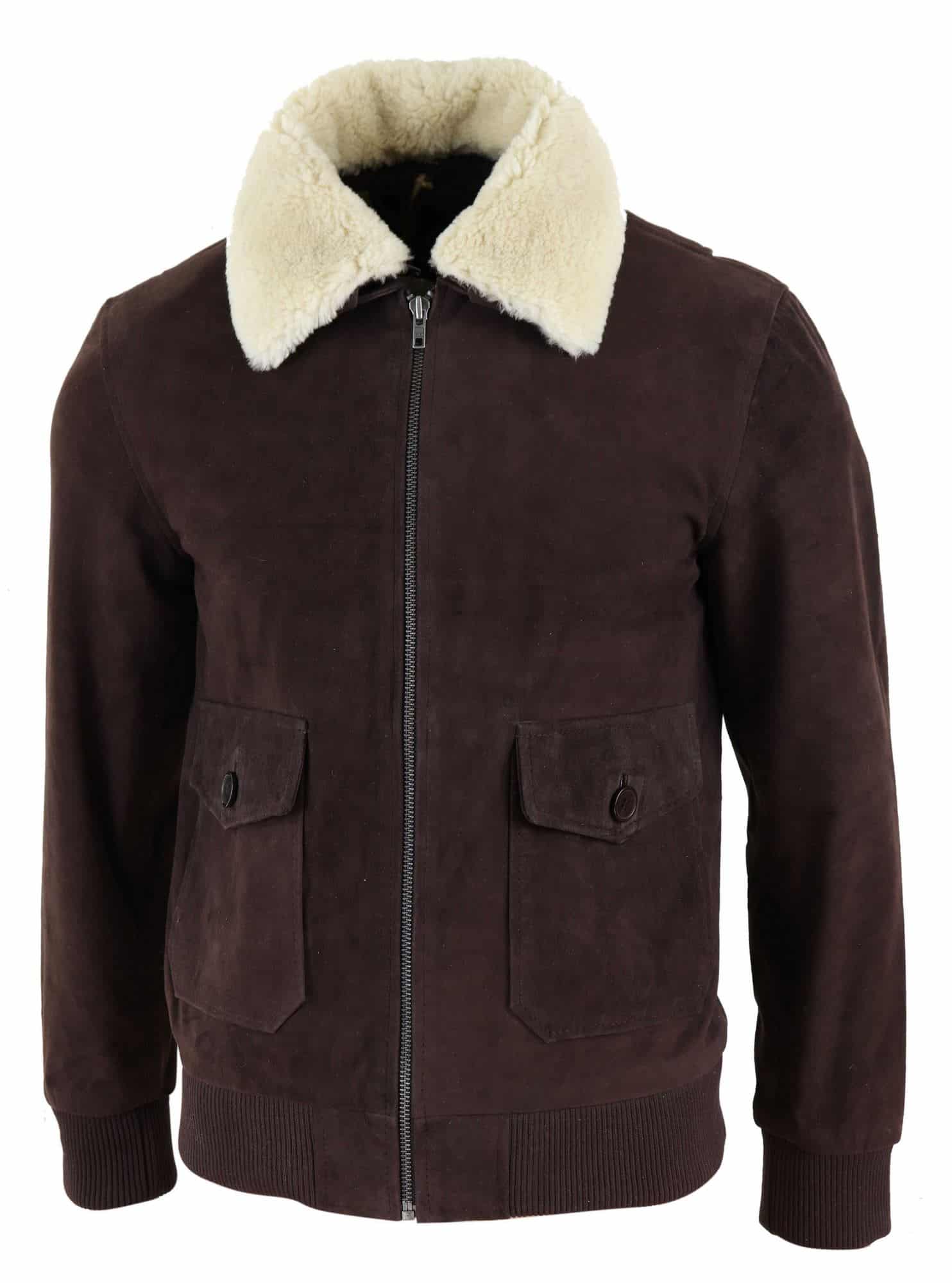 Mens Real Suede Varsity Bomber Jacket with Removable Collar - Brown ...