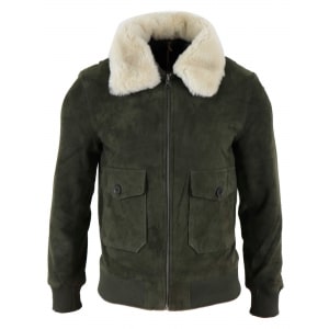 Mens Real Suede Varsity Bomber Jacket with Removable Collar – Olive Green