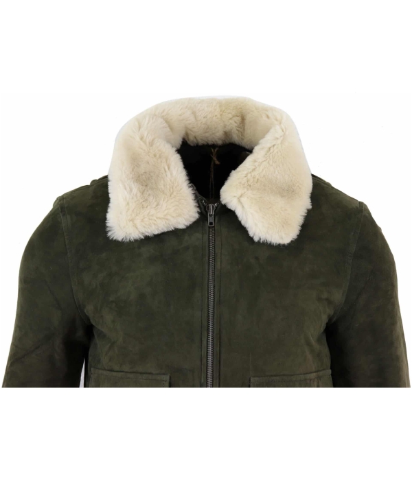 Mens Real Suede Varsity Bomber Jacket with Removable Collar - Olive Green